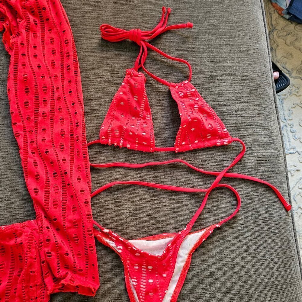 Red Sexy 4 Piece Triangle Bikini Top Thong Bottom Cover Up And Wrap Size Large - Picture 12 of 15